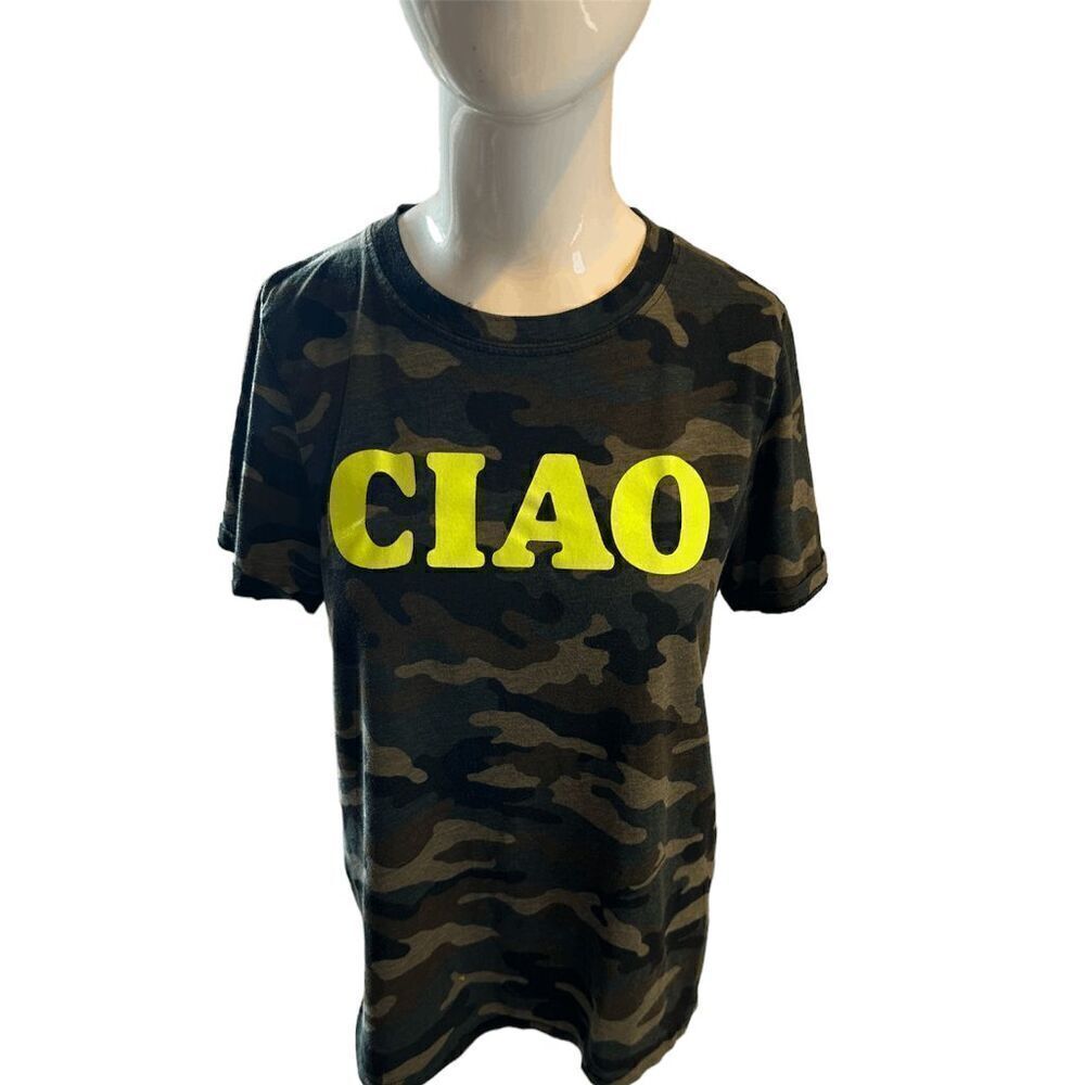Back When by Anthropologie Ciao Graphic Tee Crew Neck Short Sleeves Sz S Camo